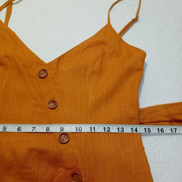 Selfie Leslie Midi Dress Mustard  Spaghetti Straps Button Details Belted Waist M - Picture 11 of 13